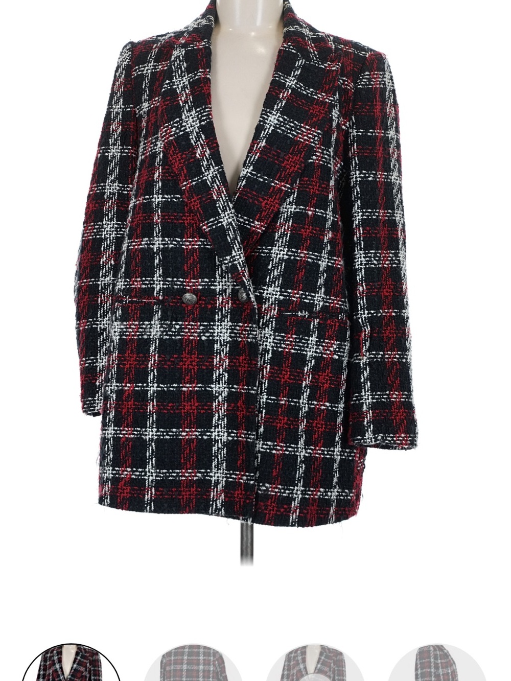 Zara Black Red White Plaid Double-Breasted Blazer